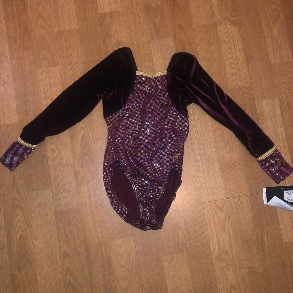 Long sleeve velvet burgundy gymnastics leotard
